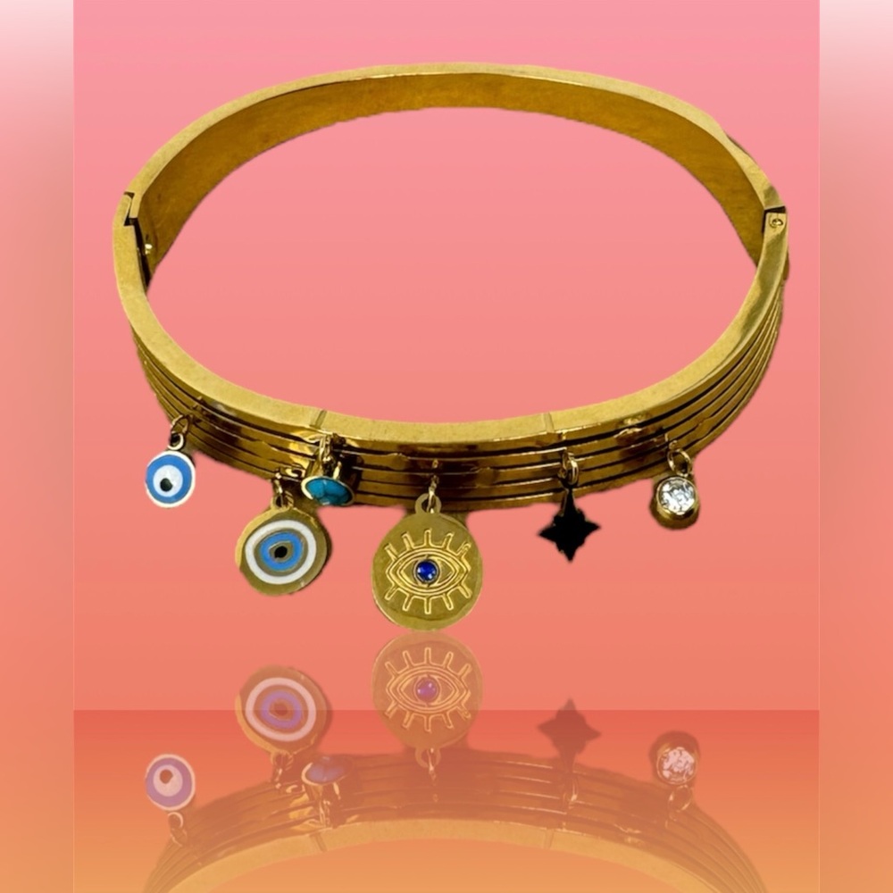 🛍️SALE🛍️ Stainless Steel Gold Color Plated Turkish Evil Eye Charms Bangle - Picture 2 of 7
